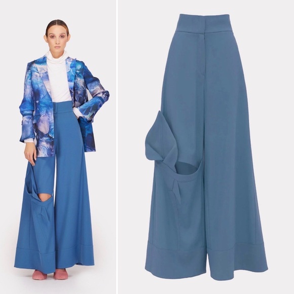 Julia Allert Pants - Julia Allert High-Waist Wide-Leg Pants with Flower knee detail in Slate Blue